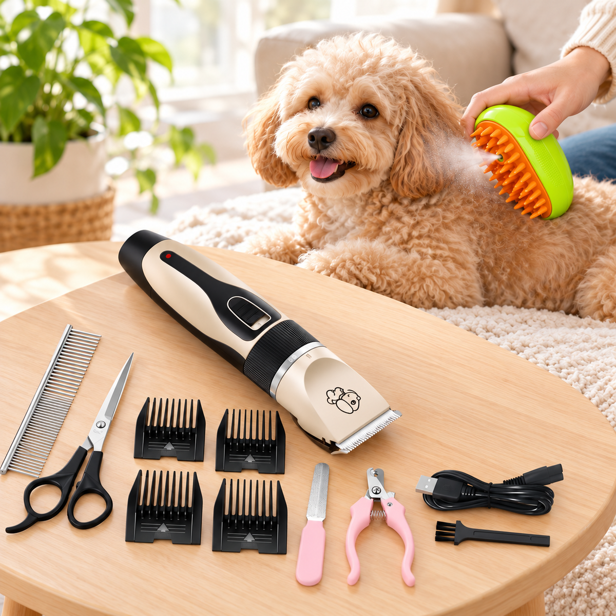 Pachet Blană Îngrijită Acasă – Mașină de Tuns Animale Fără Fir cu Accesorii + Perie 3 în 1 cu Pulverizare