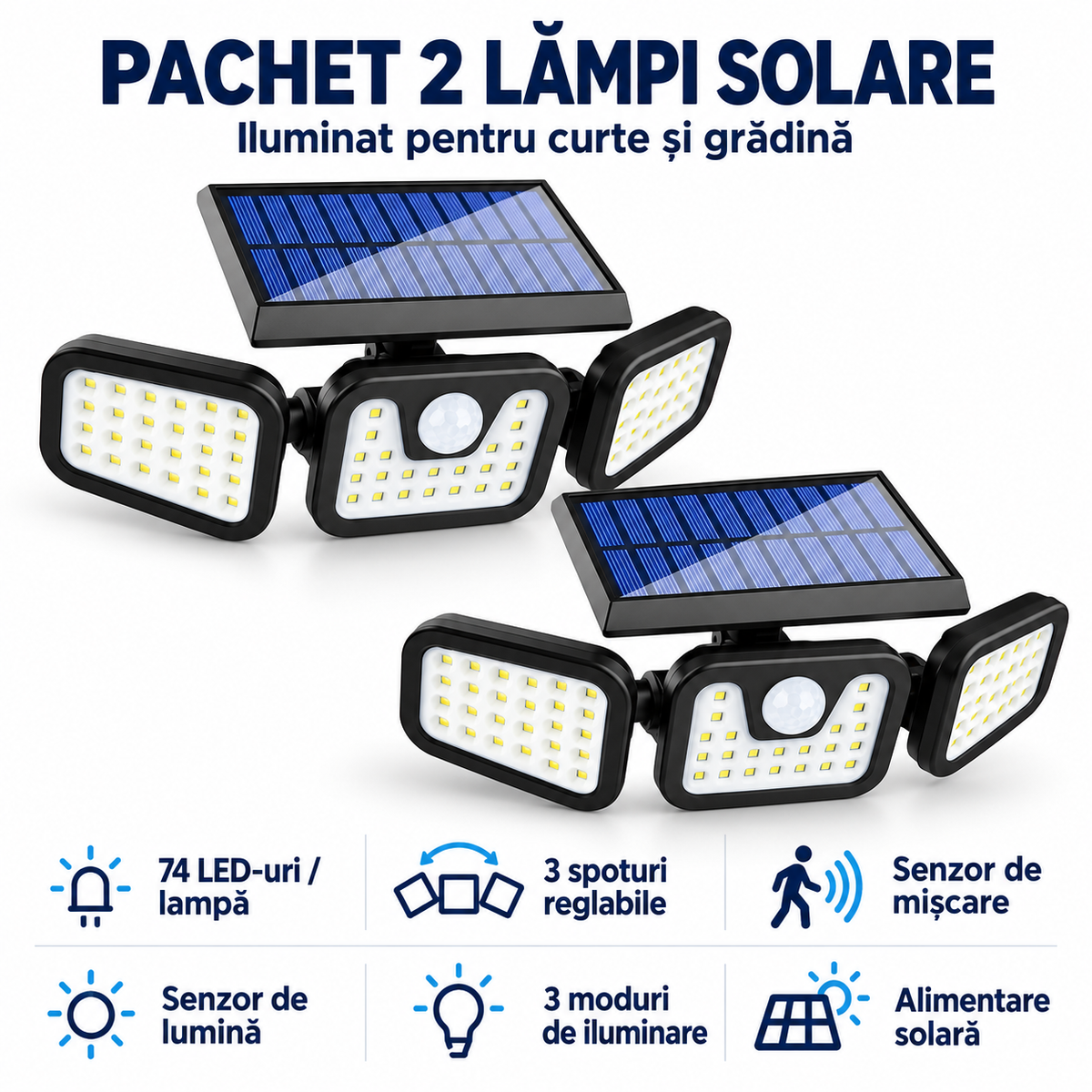 Pachet 2 lămpi solare LED pentru exterior, 74 LED-uri fiecare, 3 spoturi reglabile, senzor de mișcare și 3 moduri de iluminare