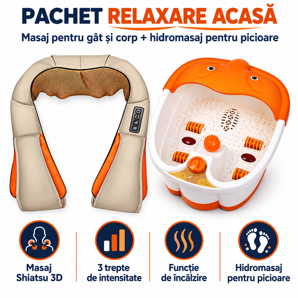 Pachet Relaxare Acasă – Aparat de Masaj Shiatsu 3D pentru Gât, Spate și Corp, cu Încălzire și 3 Intensități + Aparat de Hidromasaj pentru Picioare