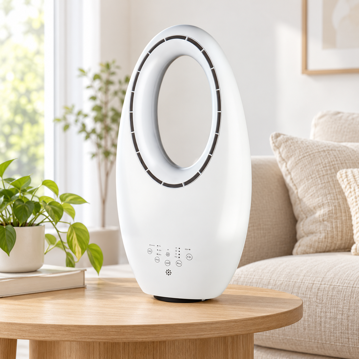 Ventilator fara elice cu purificator de aer 2 in 1 si 4 lumini LED