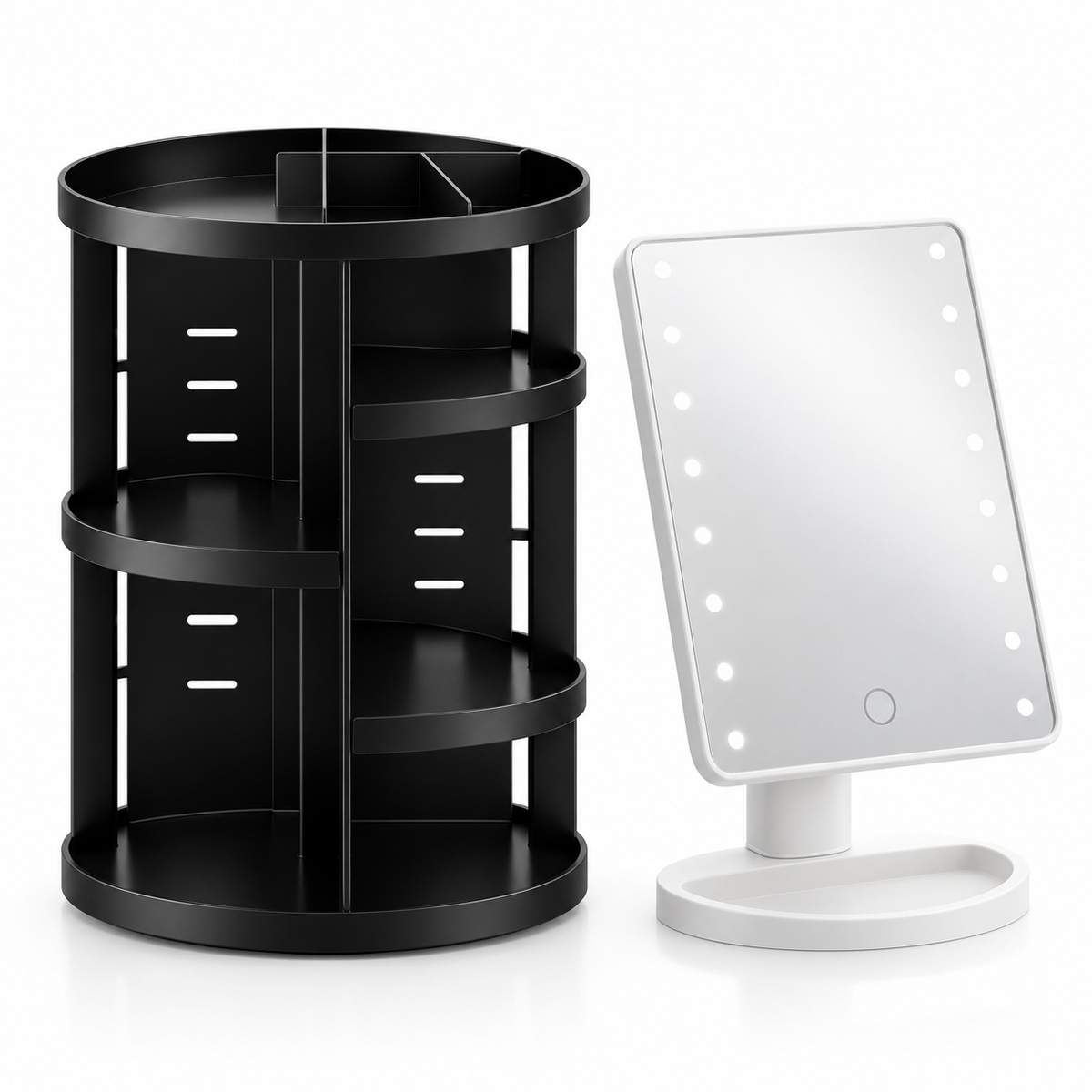 Pachet Colțul de Beauty – Organizator cosmetic rotativ 360° + oglindă dreptunghiulară cu LED și control tactil
