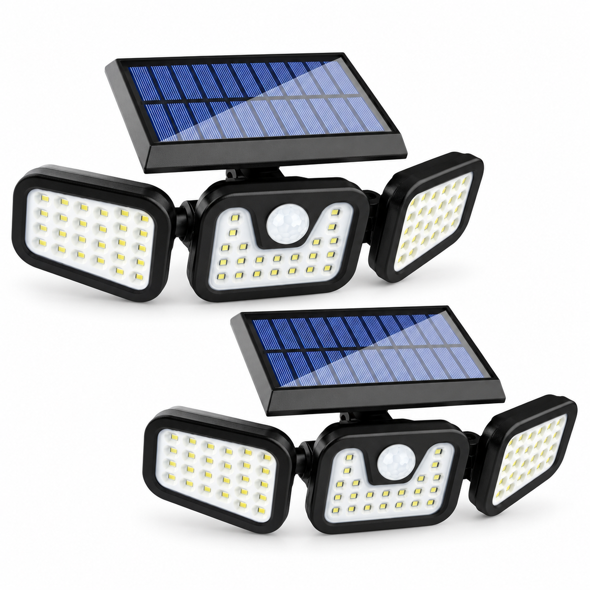 Pachet 2 lămpi solare LED pentru exterior, 74 LED-uri fiecare, 3 spoturi reglabile, senzor de mișcare și 3 moduri de iluminare