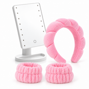 Pachet Rutina de Skincare – Set SPA Roz cu Bentiță și 2 Manșete Absorbante + Oglindă Dreptunghiulară cu LED și Control Tactil