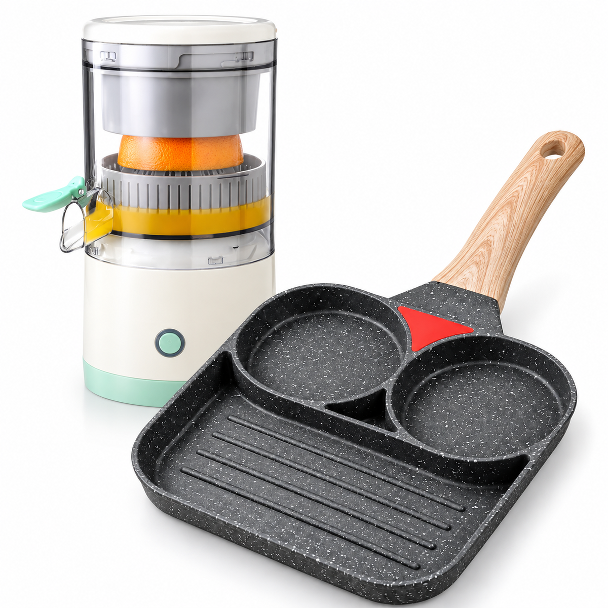 Pachet Micul Dejun în Doi – Tigaie Antiaderentă cu 2 Compartimente și Grill + Storcător Electric Portabil USB 1100 ml