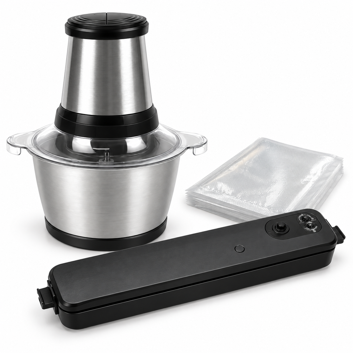 Pachet Pregătire și Păstrare Alimente – Tocător Electric 200W, 3 Lame Inox + Aparat de Vidat și Sigilat 90W, 10 Pungi Incluse