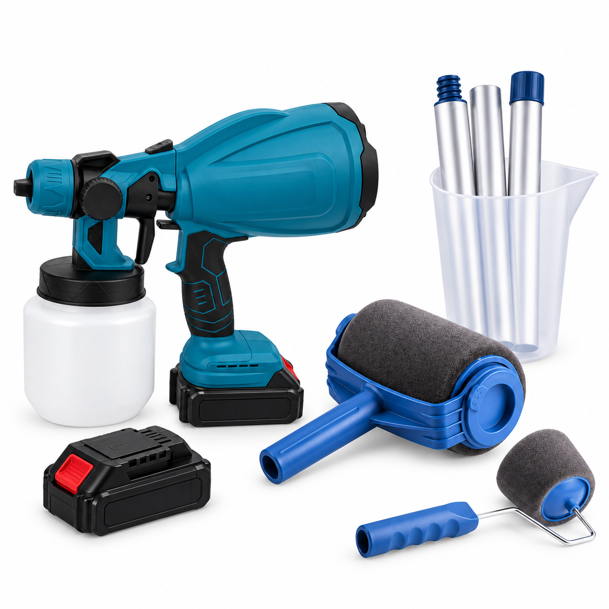 Pachet Zugrăvit acasă – Pistol de vopsit fără fir 120W, 800 ml, 2 acumulatori + trafalet cu rezervor 700 ml și braț extensibil