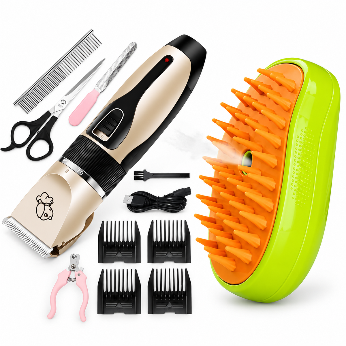 Pachet Blană Îngrijită Acasă – Mașină de Tuns Animale Fără Fir cu Accesorii + Perie 3 în 1 cu Pulverizare