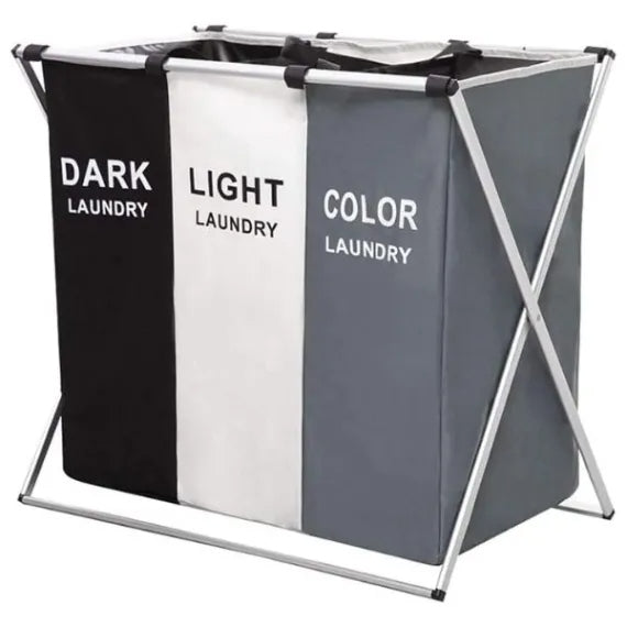 Cos de rufe murdare cu 3 compartimente, pliabil, pentru sortare si organizare haine la baie, material textil, cadru aluminiu, dimensiuni 62 x 34 x 56 cm