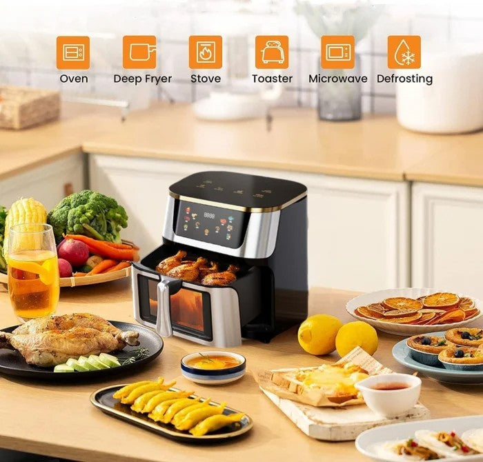 Friteuză cu Aer Cald 10L, 2400W, Display Digital Touch, Geam Transparent, Negru