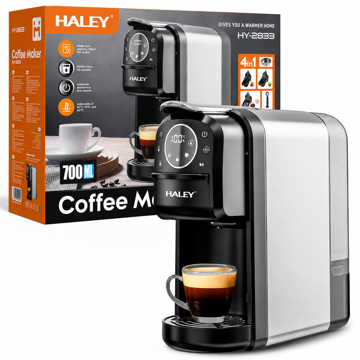 Espressor HALEY HY-2833, 4 în 1, pentru capsule format mare și cafea măcinată, 20 bari, 1400 W