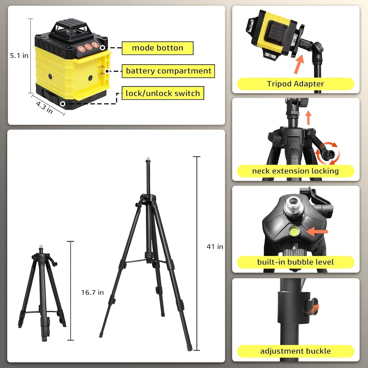Nivela Laser 4D cu 16 Linii, Autonivelare, Telecomandă, Lumina Verde, Trepied 150 cm, Platformă de Ridicare
