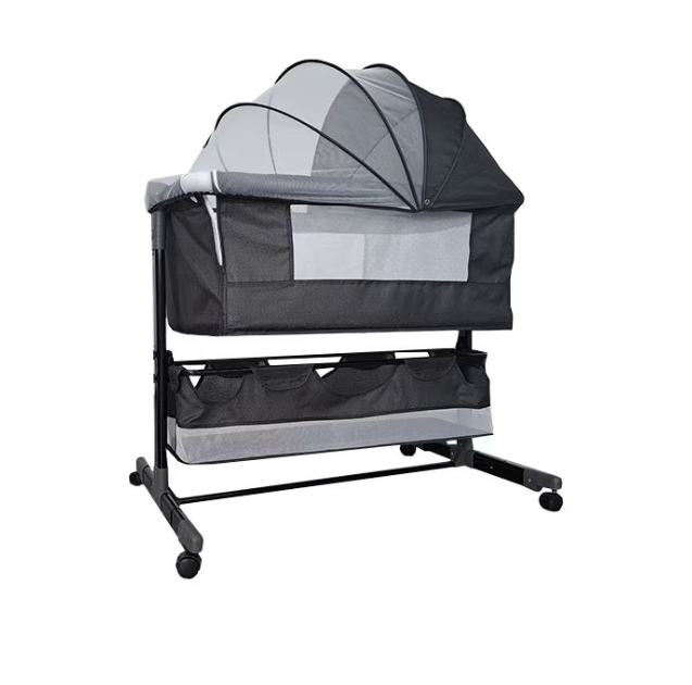 Patut copii co-sleeper pliabil, cu plasa insecte, pozitie leganat, roti, saltea inclusa, 92x68x80/85 cm, gri