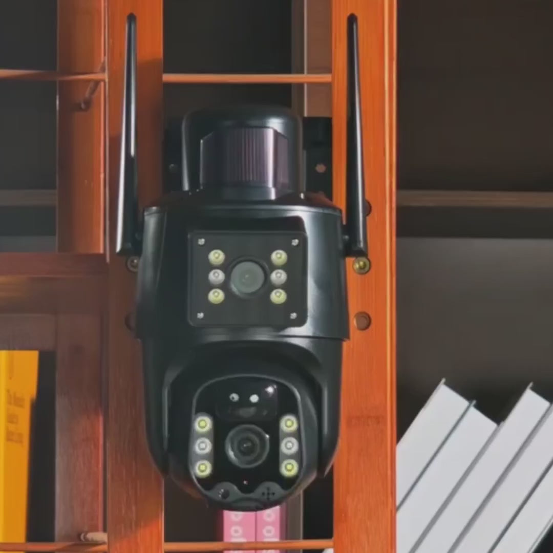 Încărcați videoclipul: Camera de supraveghere cu panou solar, dubla,  Wi-fi, 3Mp+3Mp,  Lentila Dubla, Zoom 10X, Rotire 360°, Detectare Miscare si Vedere Nocturna
