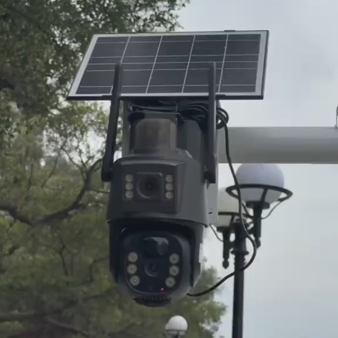 Încărcați videoclipul: Camera de supraveghere cu panou solar, dubla,  Wi-fi, 3Mp+3Mp,  Lentila Dubla, Zoom 10X, Rotire 360°, Detectare Miscare si Vedere Nocturna