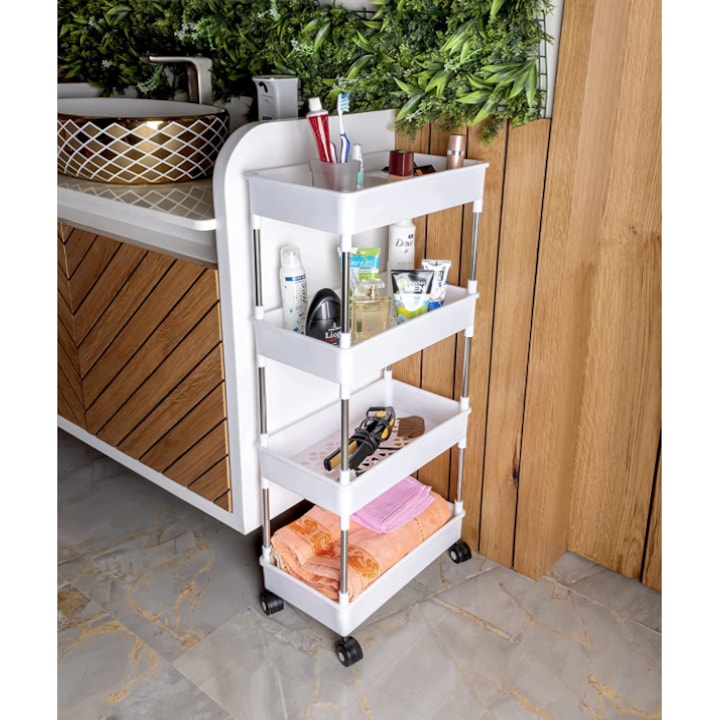 Carucior organizator slim, portabil, cu 4 rafturi, alb