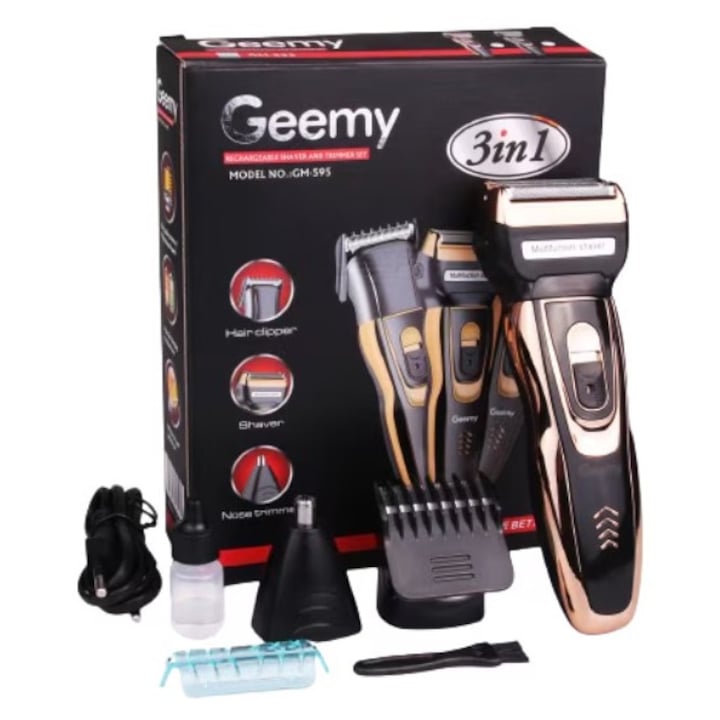 Aparat de Tuns, set Complet, 3 in 1, GEEMY cu acumulator, si cablu de incarcare, Auriu/Negru