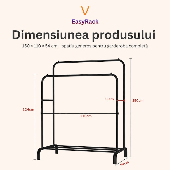 Suport dublu de umerase pentru haine, din metal 150 x 110 x 54 cm Negru