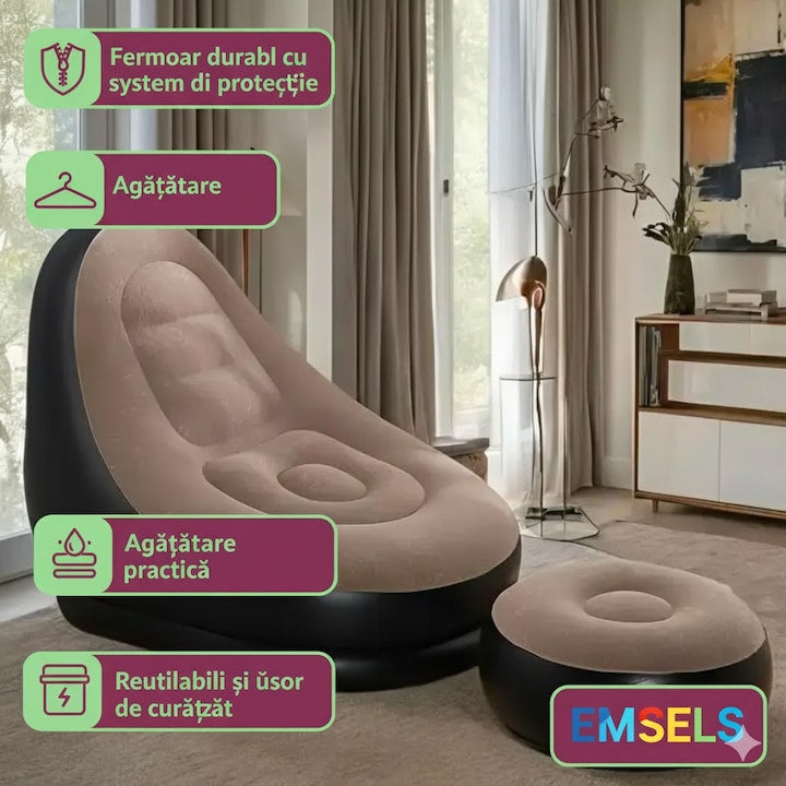 Fotoliu gonflabil cu suport pentru picioare, invelis catifelat