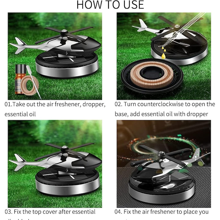 Odorizant Auto cu Încărcare Solară – Model Elicopter, Ulei Esențial Inclus, Bază Antiderapantă, Gri