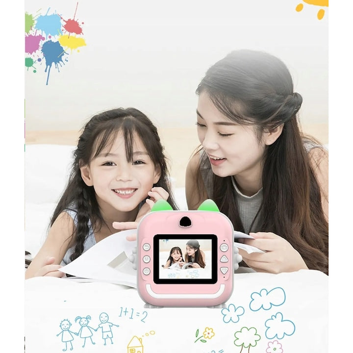 Aparat foto digital cu imprimare termica pentru copii, focalizare automata, display color de 2,4 inch 1080P Full HD