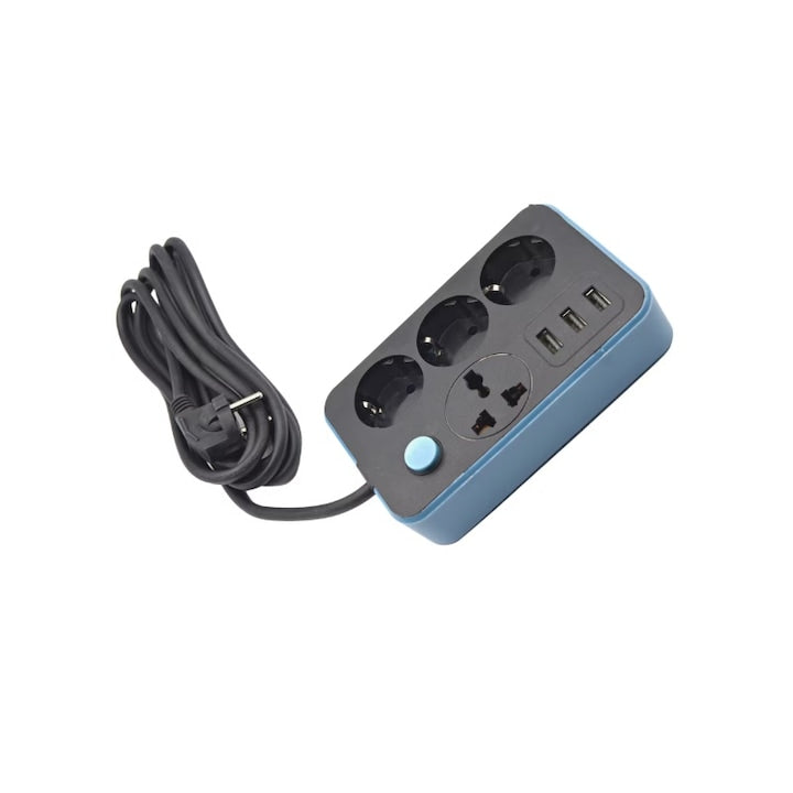 Prelungitor compact, 4 prize AC + 3 porturi USB, 2 m cablu, 1500W
