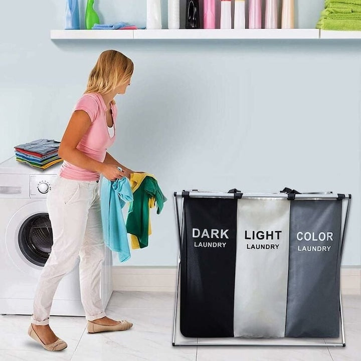 Cos de rufe murdare cu 3 compartimente, pliabil, pentru sortare si organizare haine la baie, material textil, cadru aluminiu, dimensiuni 62 x 34 x 56 cm