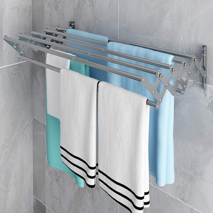 Uscator de rufe retractabil/extensibil, 5 bare aluminiu, fixare pe perete, 60×70×15 cm