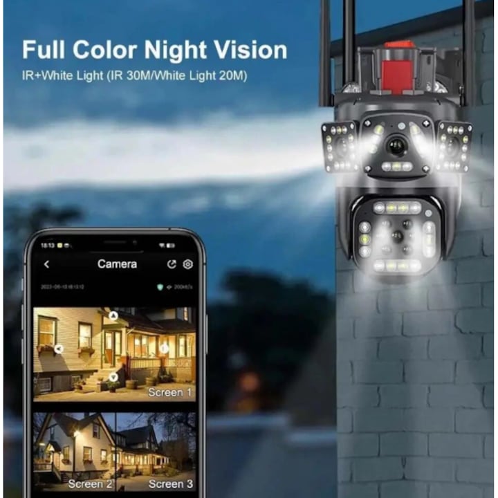Camera de supraveghere tripla 4g, 6MP, Full HD, AI Tracking, Night Vision Color 50M
