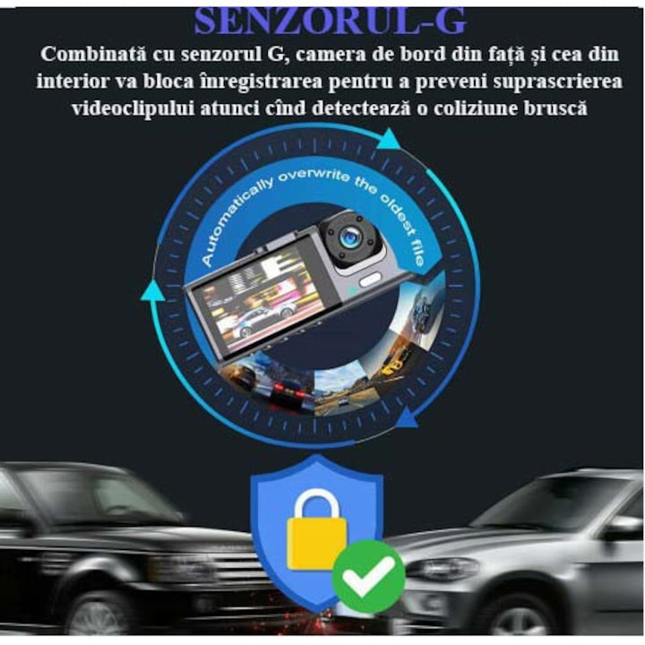 Camera auto tripla FullHD, 3 camere-fata/spate/interior, ecran 2'', G Senzor