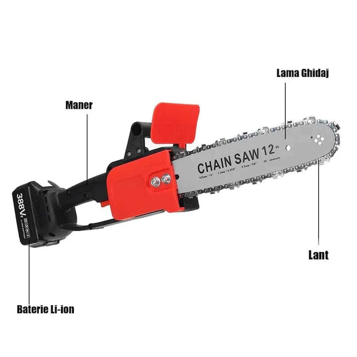 Drujba electrica cu lant 12 inch, cu 1 Acumulator, 48 V, Lithium, , 1200 W, 4800rpm, 305mm