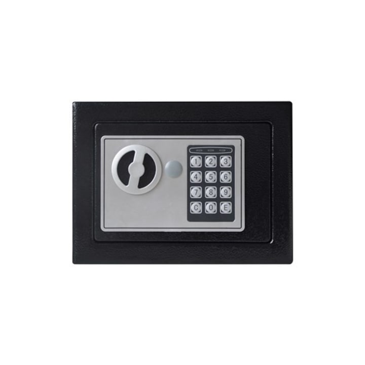Seif metalic din otel cu inchidere electronica si cheie, 23 x 17 x 17 cm
