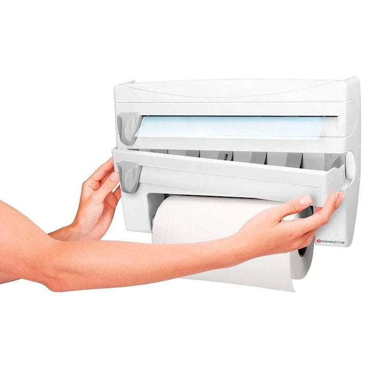 Dispenser de bucatarie 4 in 1 pentru folie alimentara, rola de hartie, folie de aluminiu