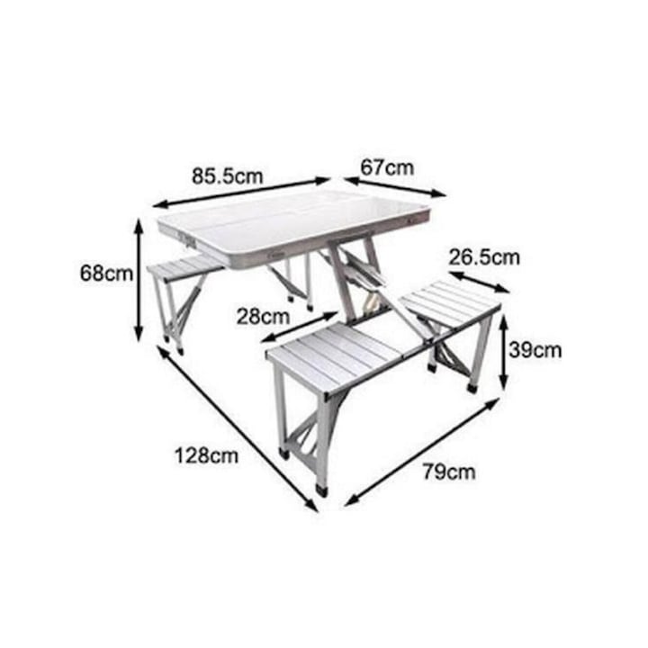 Masa pliabilă tip geamantan cu 4 scaune, aluminiu, picnic și camping