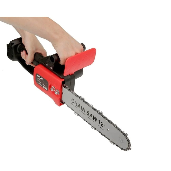 Fierăstrău electric cu lanț 12 inch, 1200W, fără fir, cu 2 acumulatori 48V și geantă de transport. Compact, ergonomic și ideal pentru tăierea lemnului.