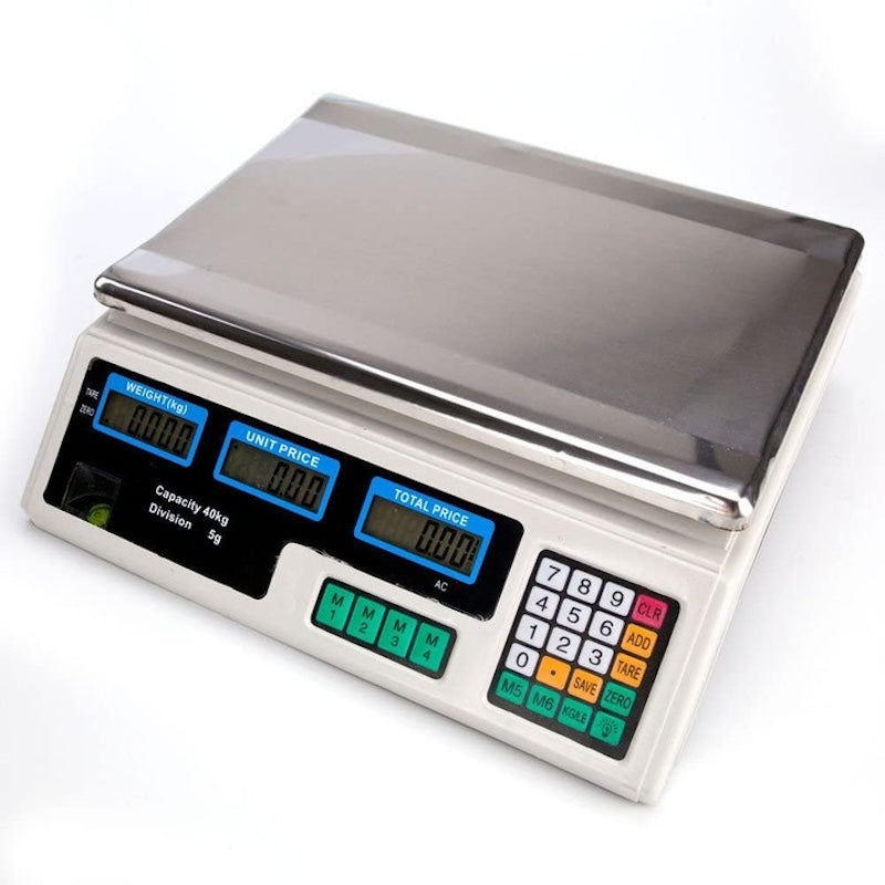 Cântar Electronic Comercial 40 kg, Precizie 5 g, Afișaj Dublu, Acumulator și Funcție de Calculare a Prețului