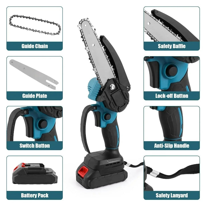 Mini drujba cu lant, fara fir, lama 6 inch, portabil , cu 2 acumulatori 48V + 2 lanturi