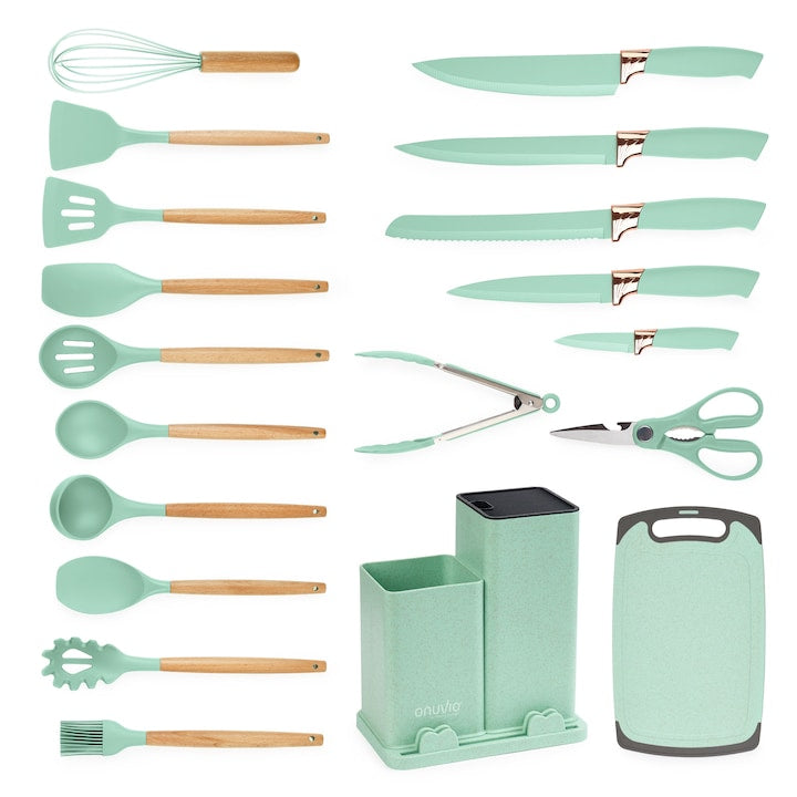 Set 19 Ustensile Bucatarie Luxury – Silicon Alimentar & Lemn Acacia, cu Suport