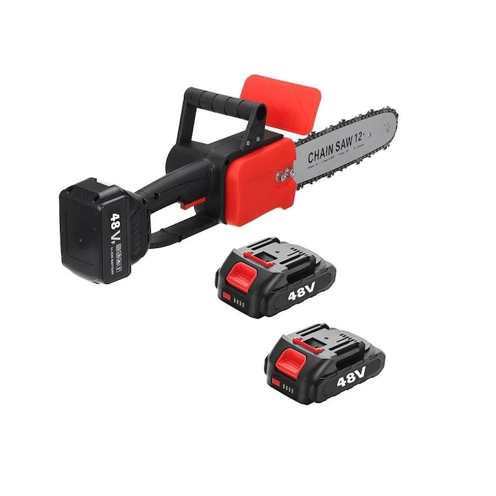 Fierăstrău electric cu lanț 12 inch, 1200W, fără fir, cu 2 acumulatori 48V și geantă de transport. Compact, ergonomic și ideal pentru tăierea lemnului.
