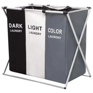 Cos de rufe murdare cu 3 compartimente, pliabil, pentru sortare si organizare haine la baie, material textil, cadru aluminiu, dimensiuni 62 x 34 x 56 cm